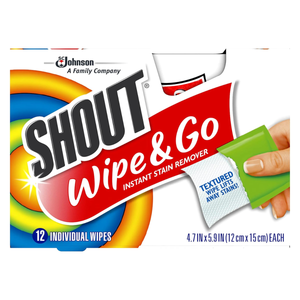 SHOUT Wipe & Go Instant Stain Remover Wipes, Textured On-The-Go, 12 Individually Wrapped
