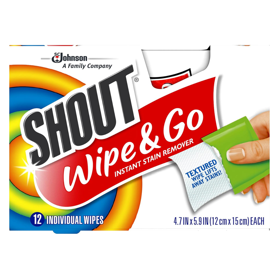 SHOUT Wipe & Go Instant Stain Remover Wipes, Textured On-The-Go, 12 Individually Wrapped