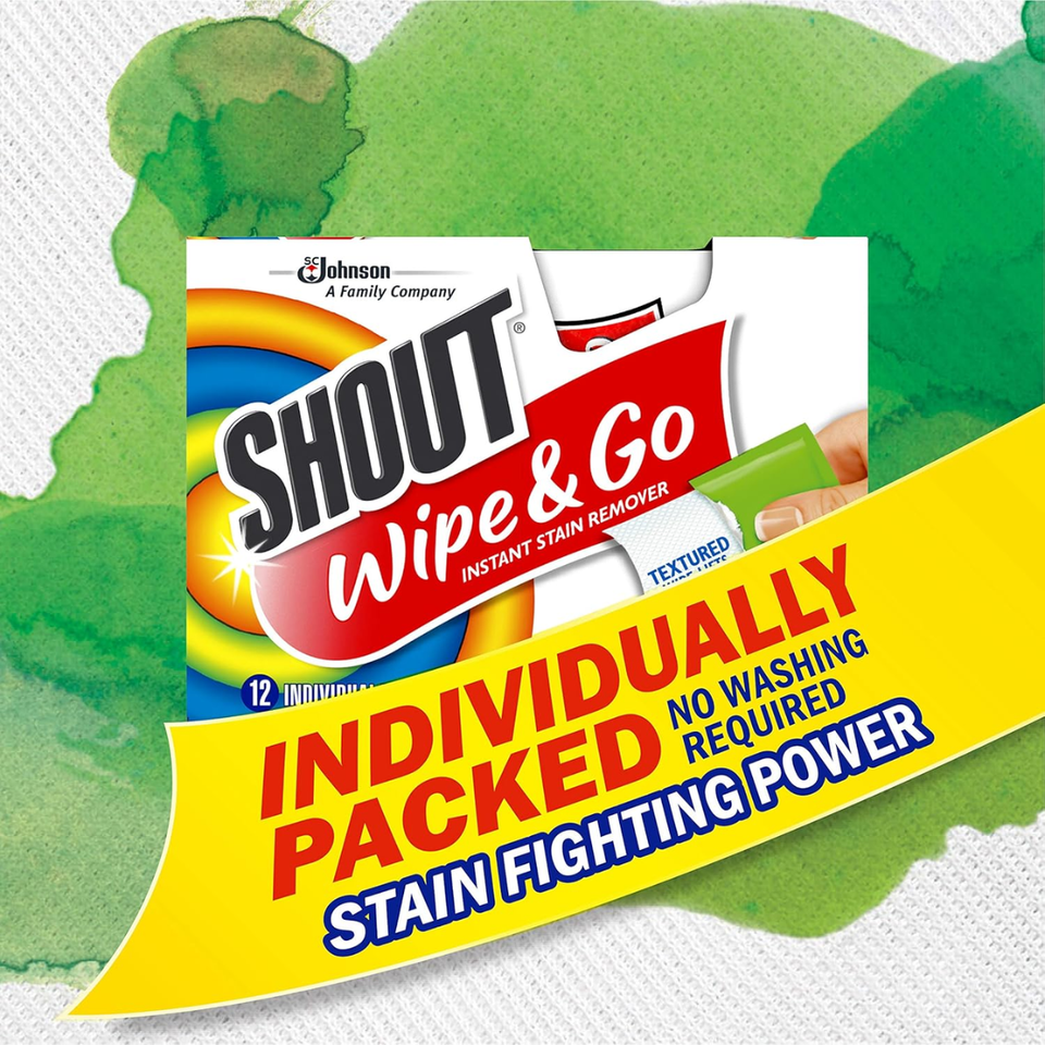 SHOUT Wipe & Go Instant Stain Remover Wipes, Textured On-The-Go, 12 Individually Wrapped