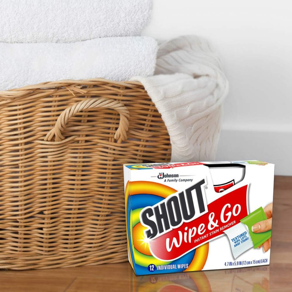 SHOUT Wipe & Go Instant Stain Remover Wipes, Textured On-The-Go, 12 Individually Wrapped