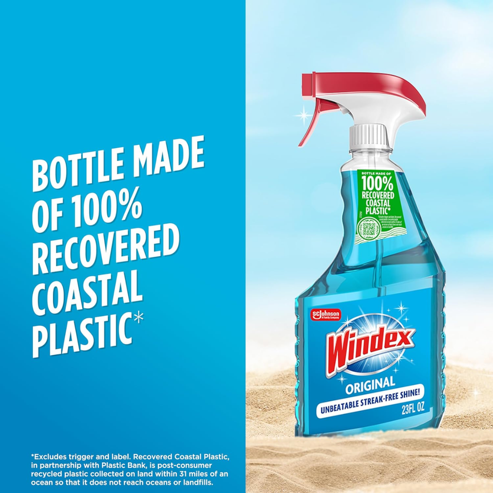 Windex Original Glass Cleaner Spray, Streak-Free Shine, 680 ml Bottle Made with 100% Ocean Bound Plastic