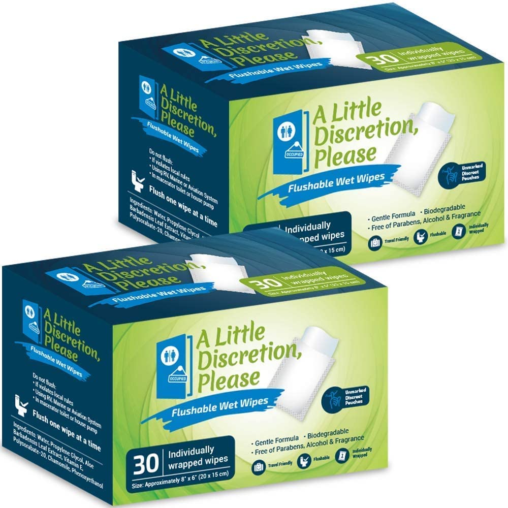 A Little Discretion, Please | 60 Individually Wrapped Flushable Wipes For Adults in Discreet Unmarked Packaging | Unscented, Septic and Sewer Safe | Travel Wipes, Individual Wipes Biodegradable