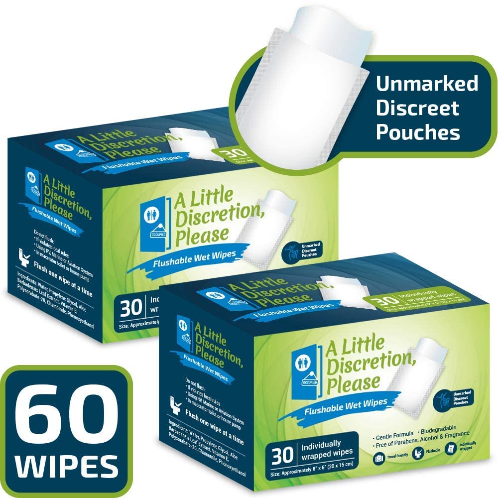 A Little Discretion, Please | 60 Individually Wrapped Flushable Wipes For Adults in Discreet Unmarked Packaging | Unscented, Septic and Sewer Safe | Travel Wipes, Individual Wipes Biodegradable