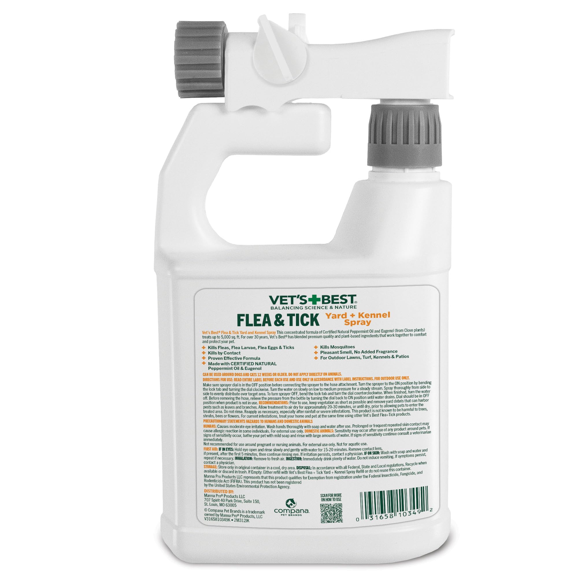 Vet's Best Flea and Tick Yard and Kennel Spray - kills Mosquitoes with Certified Natural Oils - Plant Safe with Ready-to-Use Hose Attachment - 32 oz