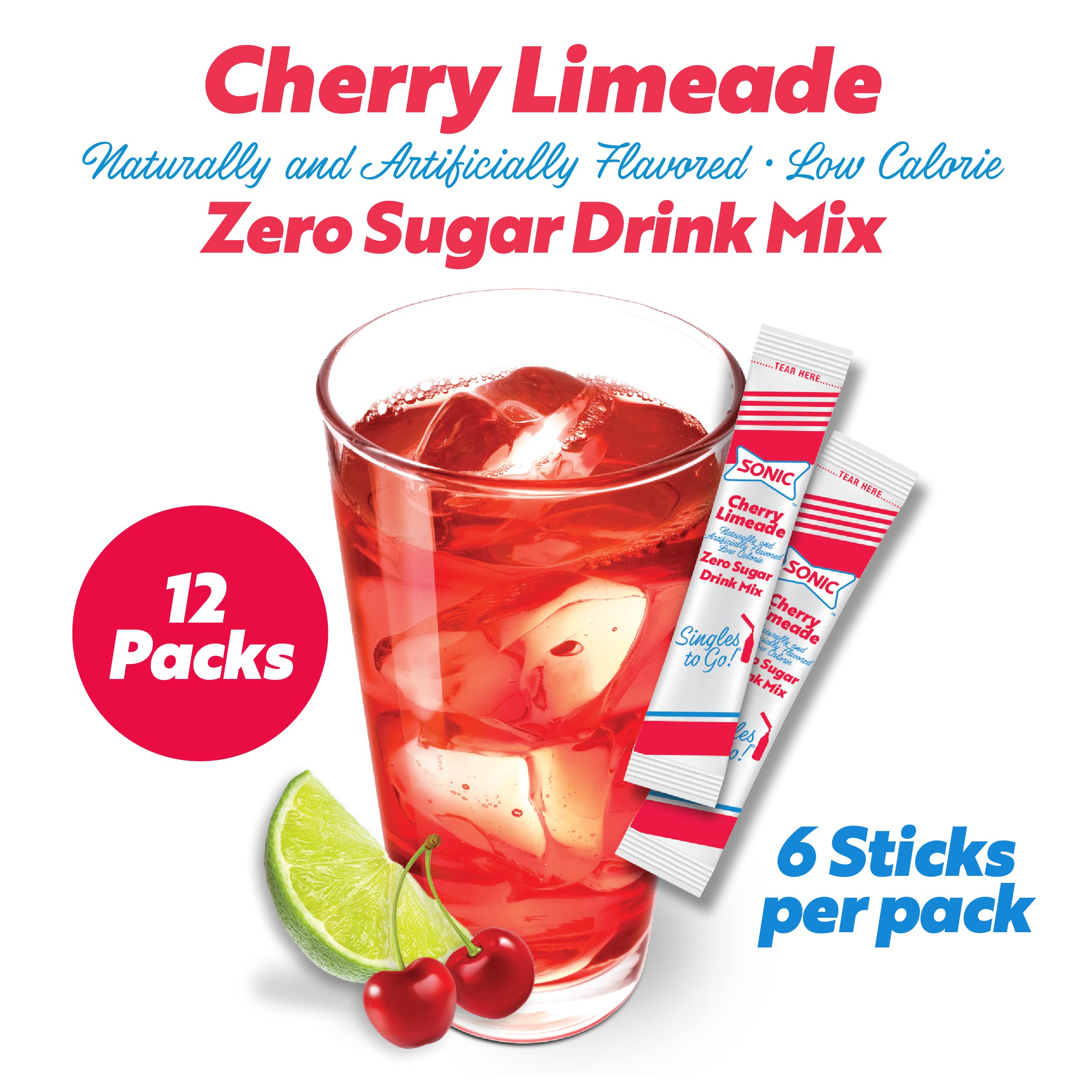 "Sonic Cherry Limeade Singles to Go Powdered Drink Mix - 6 Sticks Total - Convenient and Refreshing On-the-Go Beverage!"