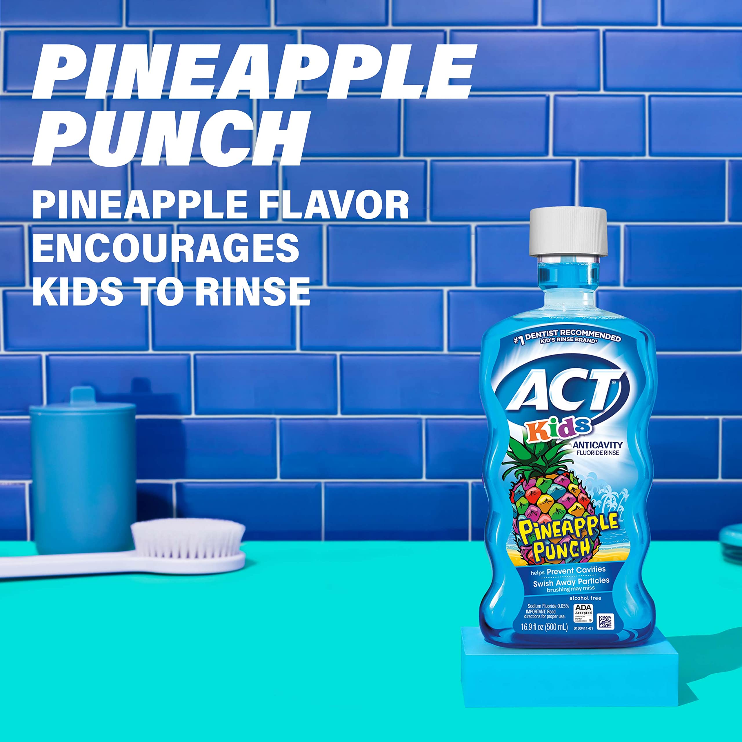 ACT Kids Anticavity Fluoride Rinse Pineapple Punch 16.9 fl. oz. Accurate Dosing Cup, Alcohol Free