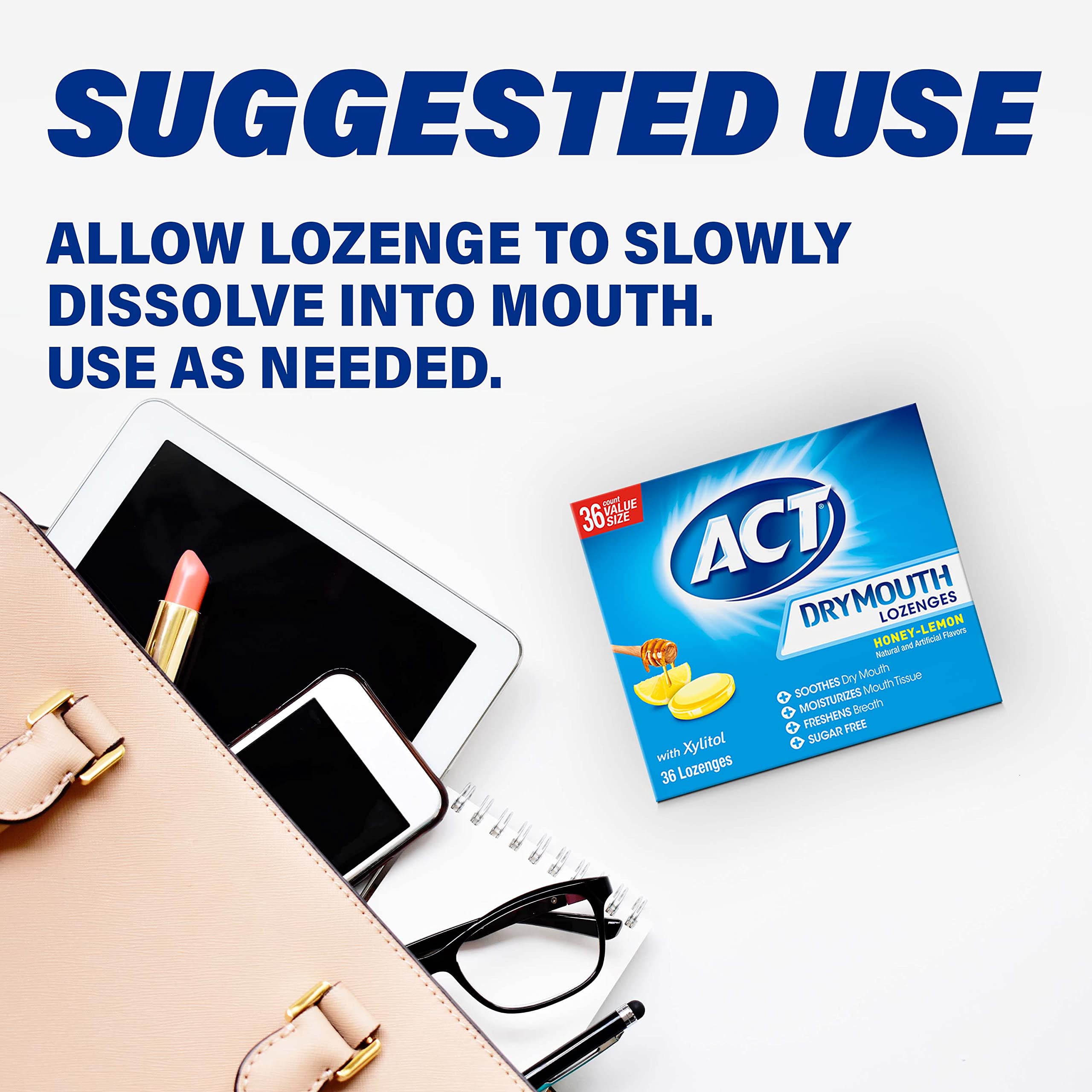 ACT Dry Mouth Lozenges With Xylitol, 36-Count, Sugar Free Honey-Lemon