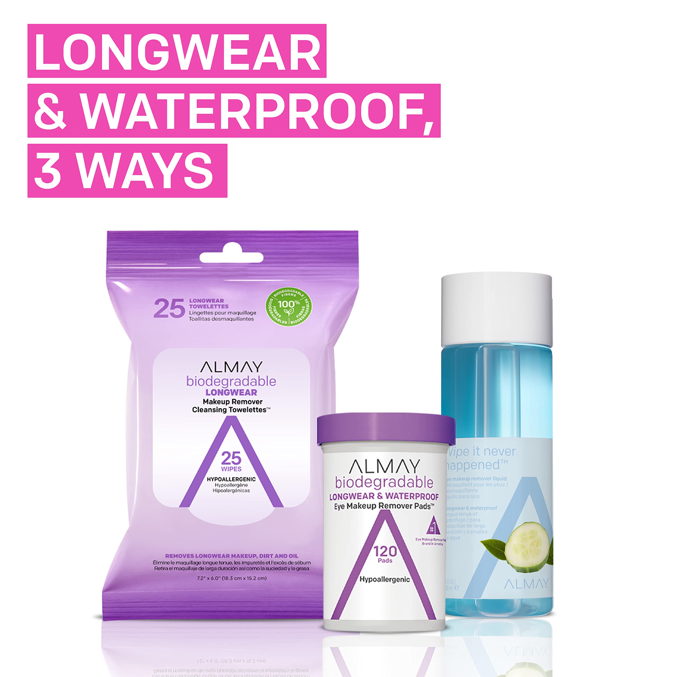 Almay Eye Makeup Remover Pads, Biodegradable Cleansing Wipes, 120 Pads